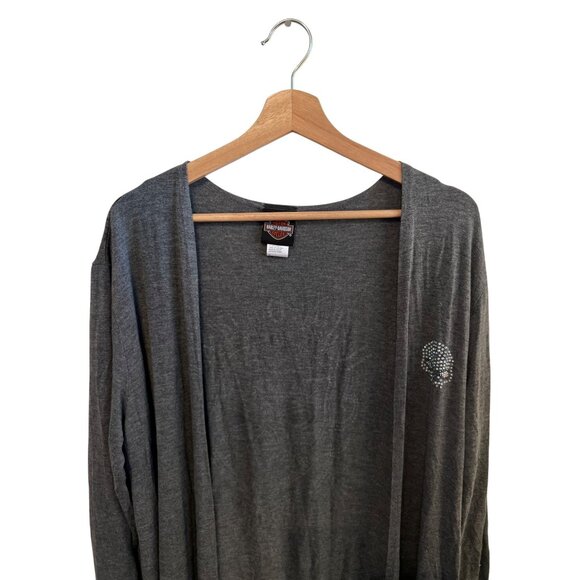 Harley Davidson Gray Open Front Cardigan Rhinestone Skull Design Women's Size L - Picture 3 of 8